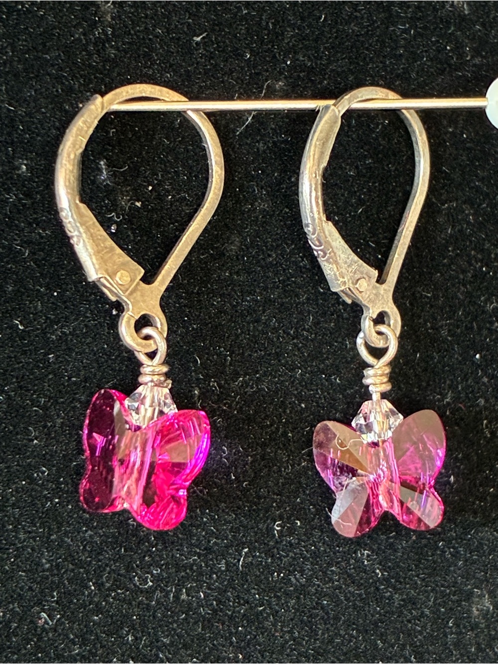 Sterling Silver & Fuchsia Pink Swarovski Butterfly/Bead Pierced Earrings Girl's